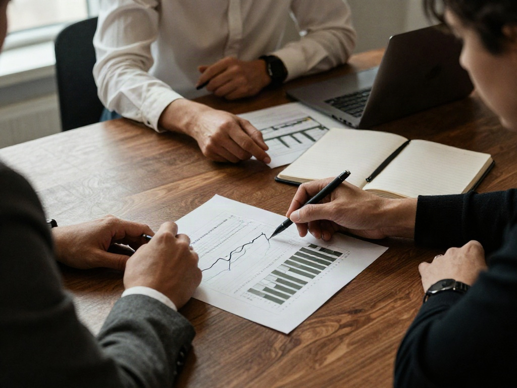 Business advisers reviewing printed performance charts together around a conference table